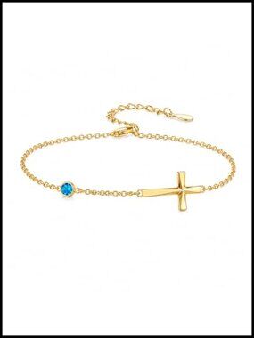 14K Gold Plated Birthstone Cross Link Bracelet Christian Jewelry Faith Gift